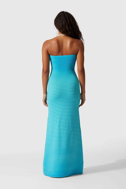 Horizontal Stripe Strapless Bodycon Knit Maxi Dress