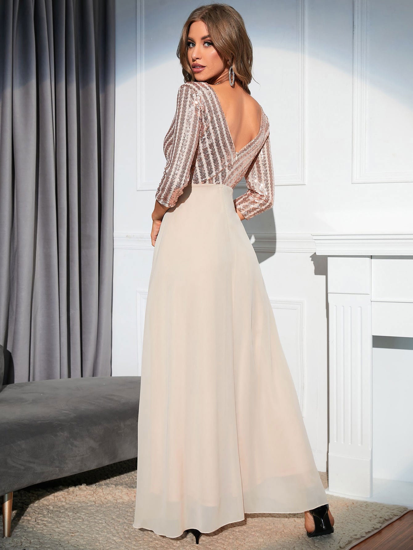 Retro Chiffon Long Sleeve Sequ Dress Evening Dress
