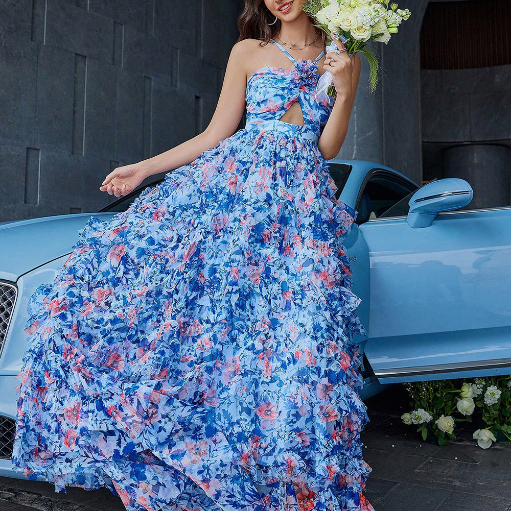 Halterneck Printed Butterfly Hollow Out Cutout Vacation Large Swing Dress Organza