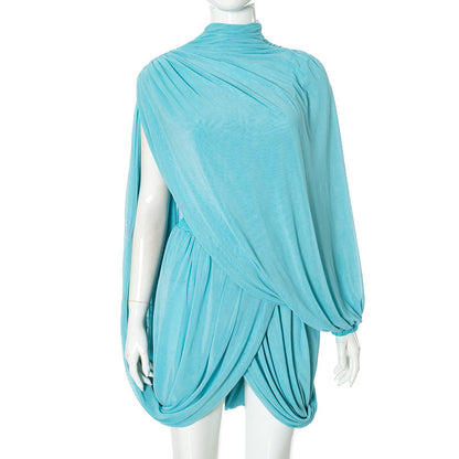 Strapless Asymmetric Draped Chiffon Cape Sleeve Pleated Skater Mini Dress