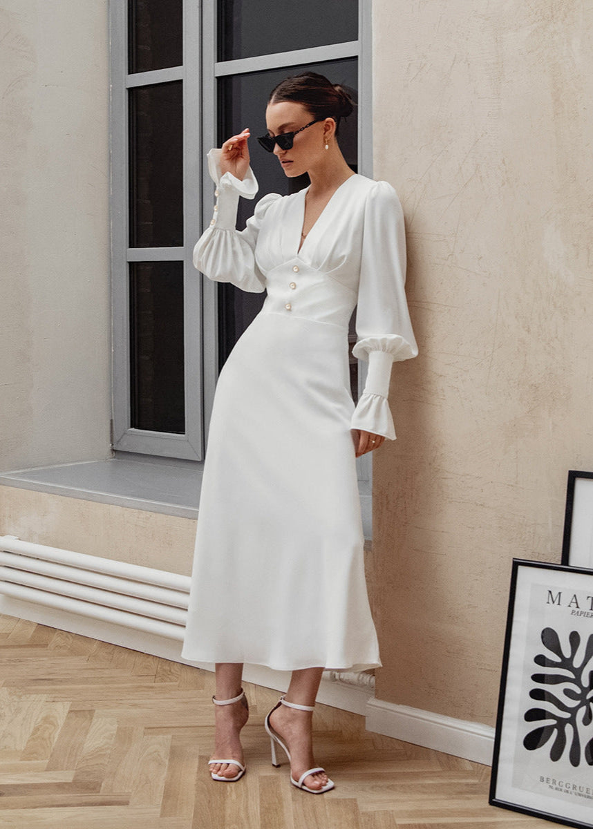 Deep V Neck Puff Sleeve Pearl Button Structured Waist Midi Dress