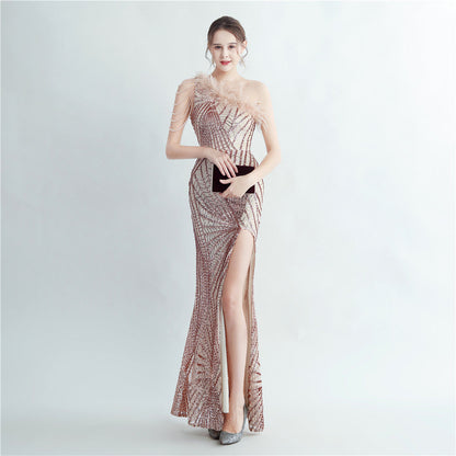 High Density Lamination Sequin Craft Order Ostrich Hair Beaded Oblique Shoulder High End Evening Dress