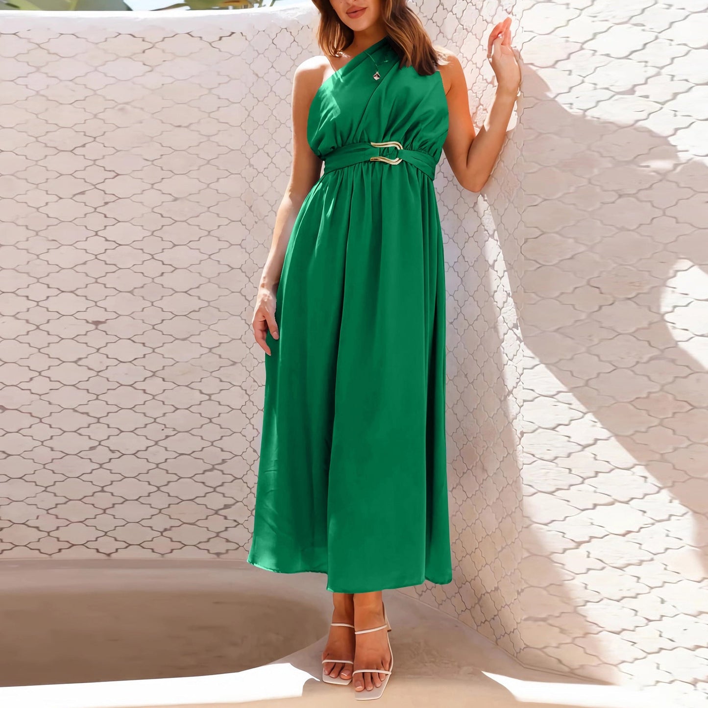 Popular Elegant Slim One Shoulder Metal Thin Dress Dress