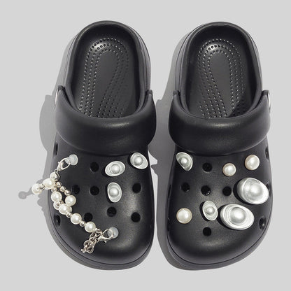 Women's Durable Black Clogs With Decorative Pearls And Beads