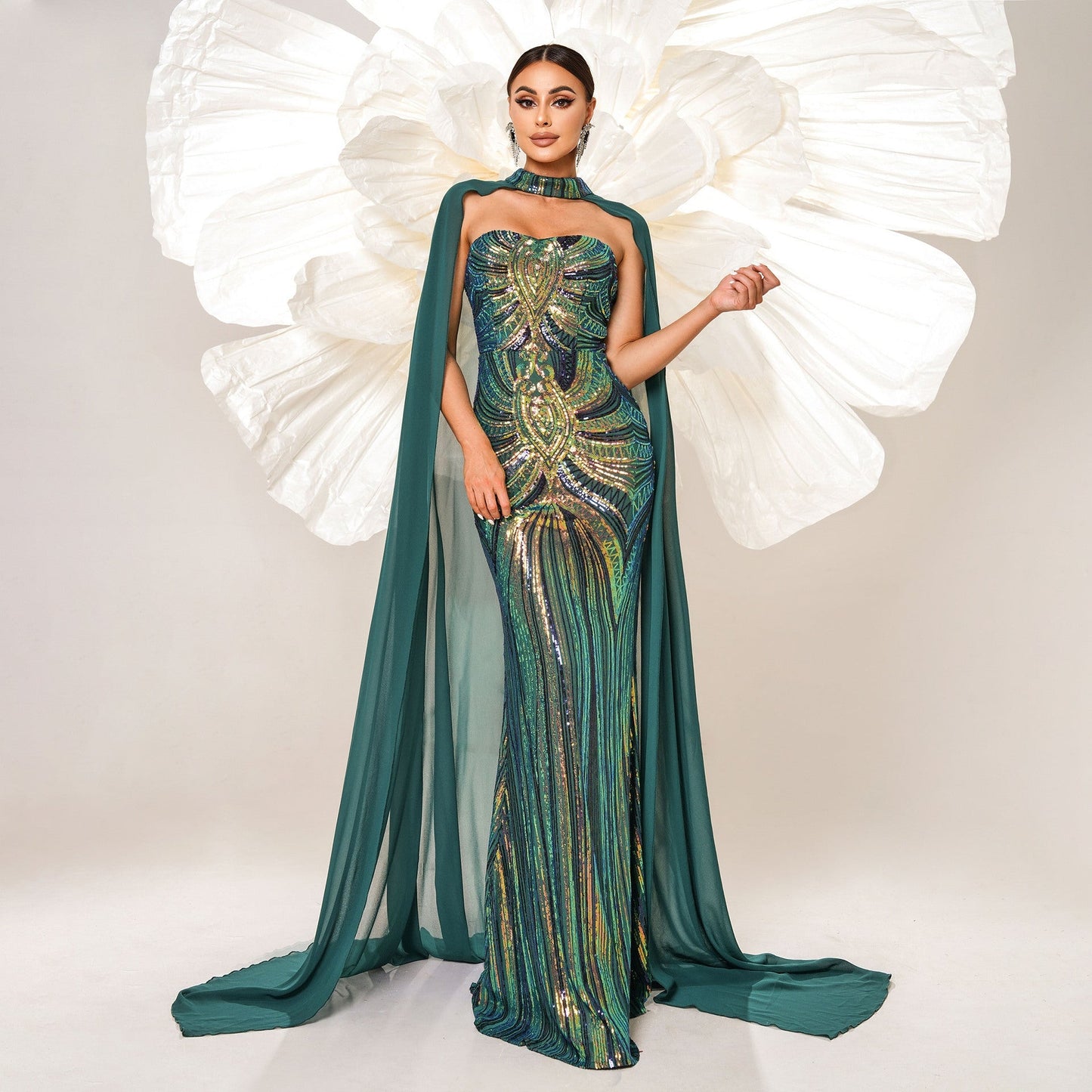Long Sleeve round Neck Long Sequined Cocktail Cape Fishtail Evening Dress Bridesmaid Dress
