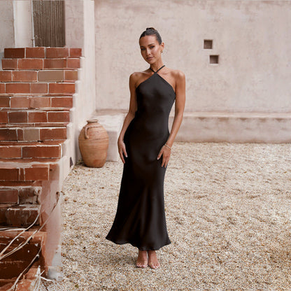 Satin Halter Neck Slip Backless Maxi Dress