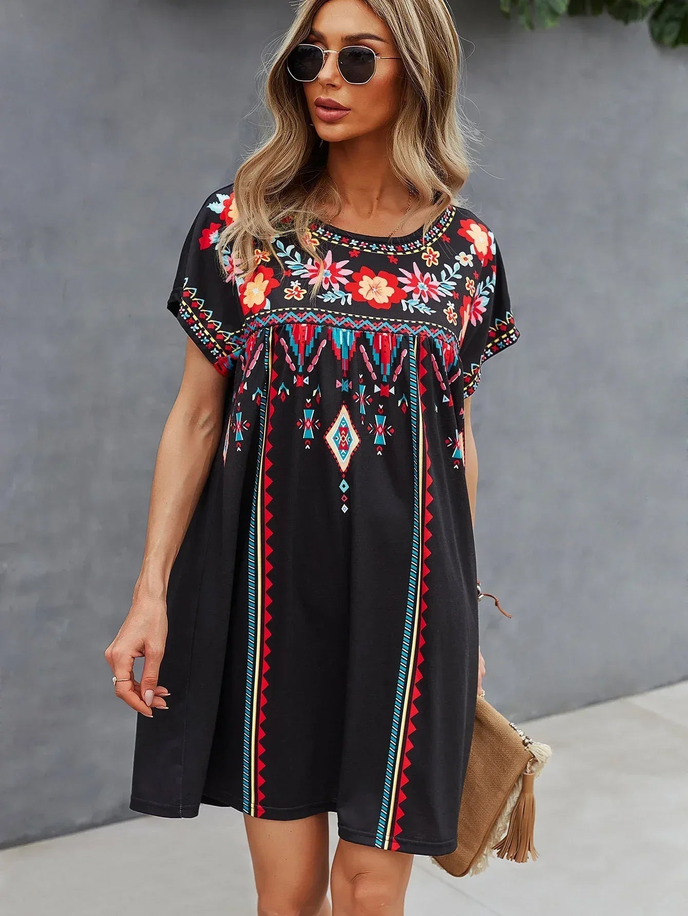 Boho Embroidered Black Babydoll Mini Dress