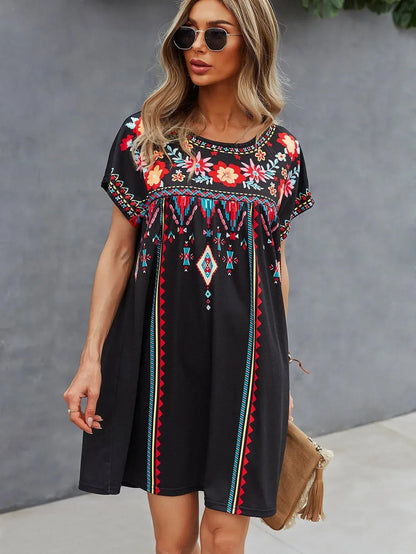 Boho Embroidered Black Babydoll Mini Dress
