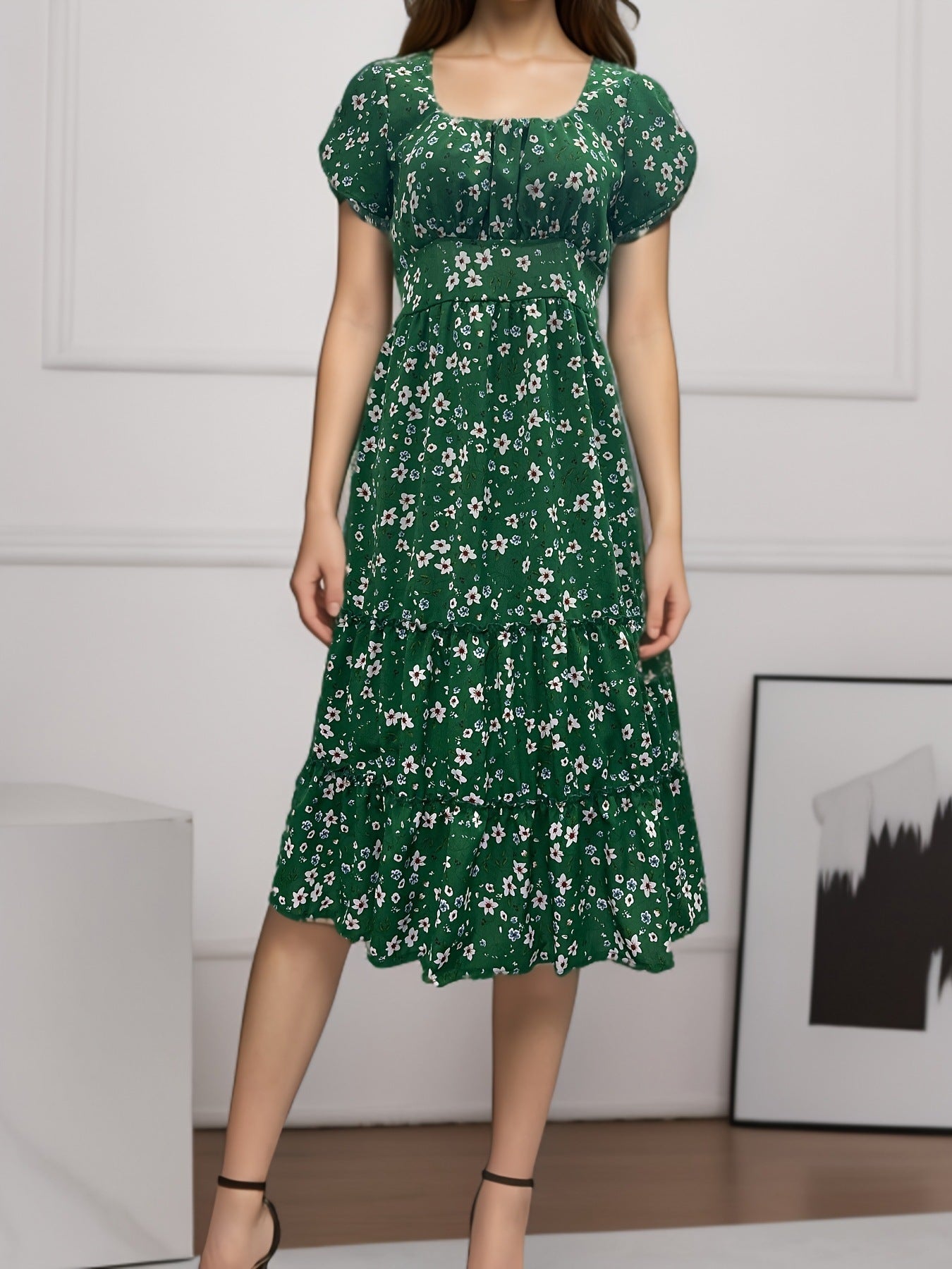Ditsy Floral Print Square Neck Puff Sleeve Tiered Ruffle Hem Midi Dress
