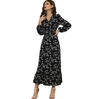Fall Arrival V neck Small Floral Dress Long Sleeve Black Maxi Dress