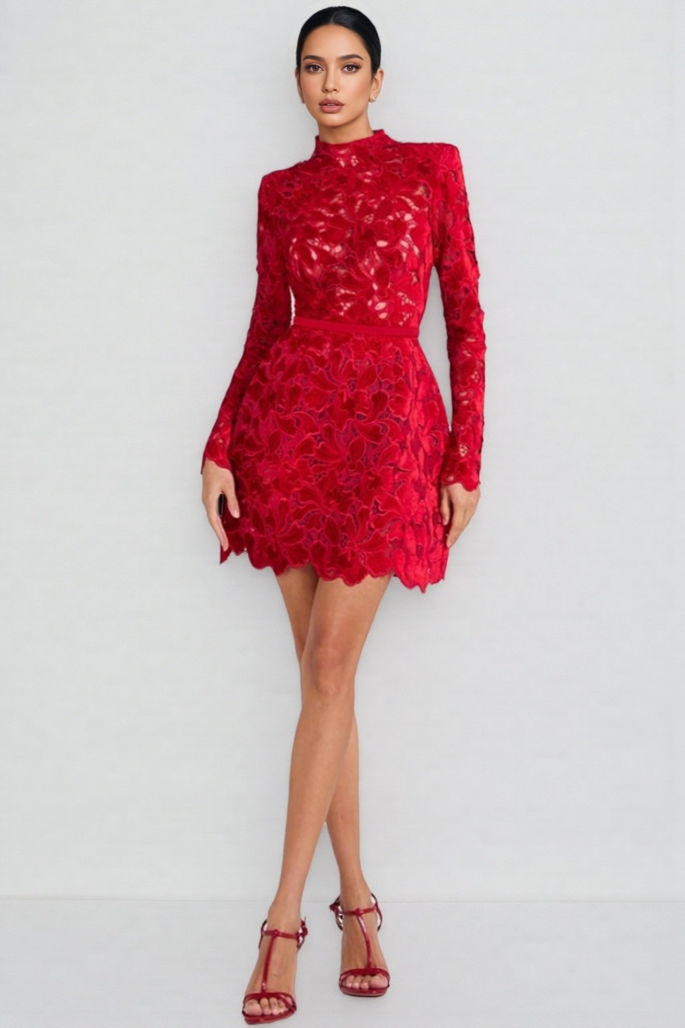 Beni Long Sleeve Lace Mini Dress-Red