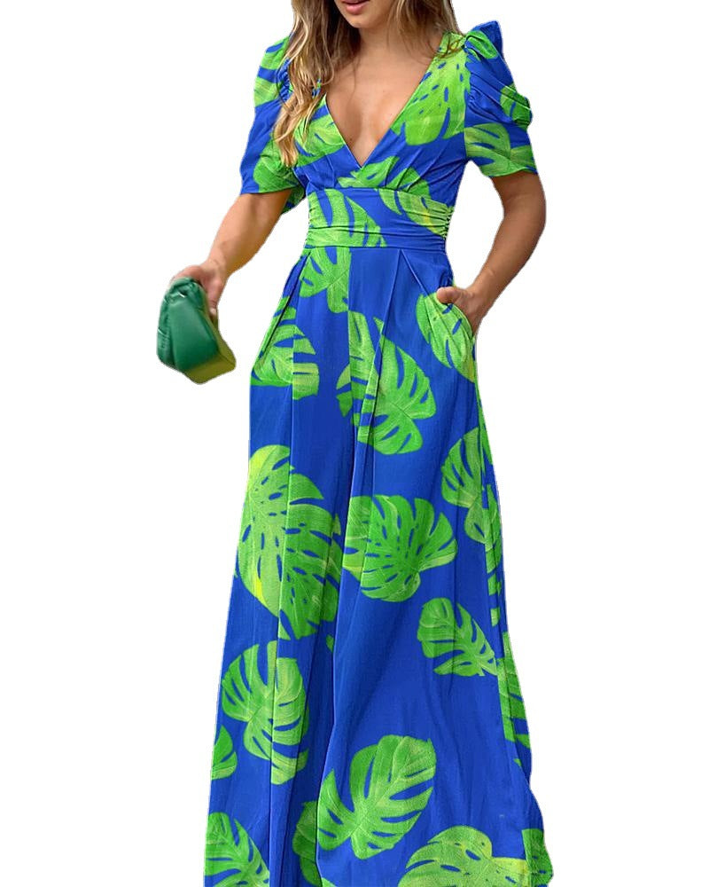 Tropical Leaf Print Surplice V-Neck Puff Sleeve Sash Waist Wide-Leg Jumpsuit