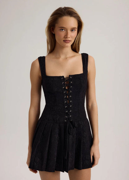 Square Neck Wide Strap Lace Up Floral Jacquard Pleated Fit and Flare Mini Dress