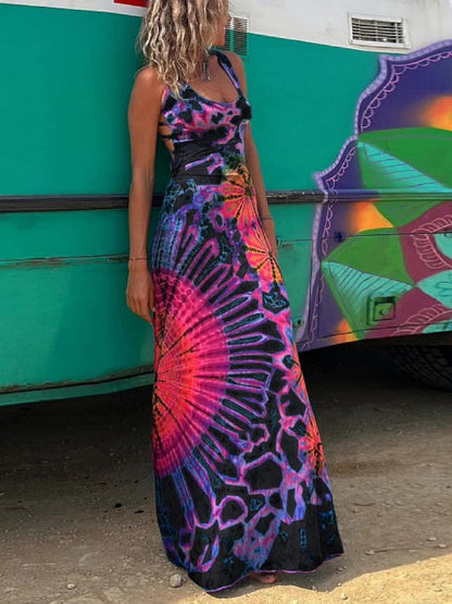 Scoop Neck Spaghetti Strap Tie Dye Sunburst Print Backless Maxi Dress