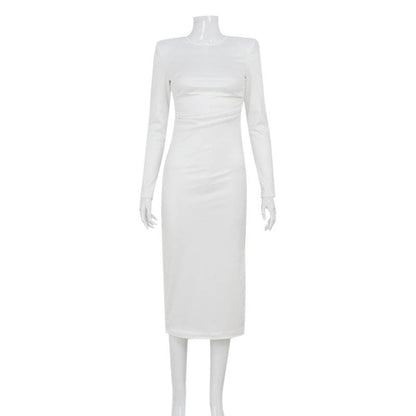 Fall Elegance Solid Color Slim Fit Slimming Waist Padded Shoulder Split Dress
