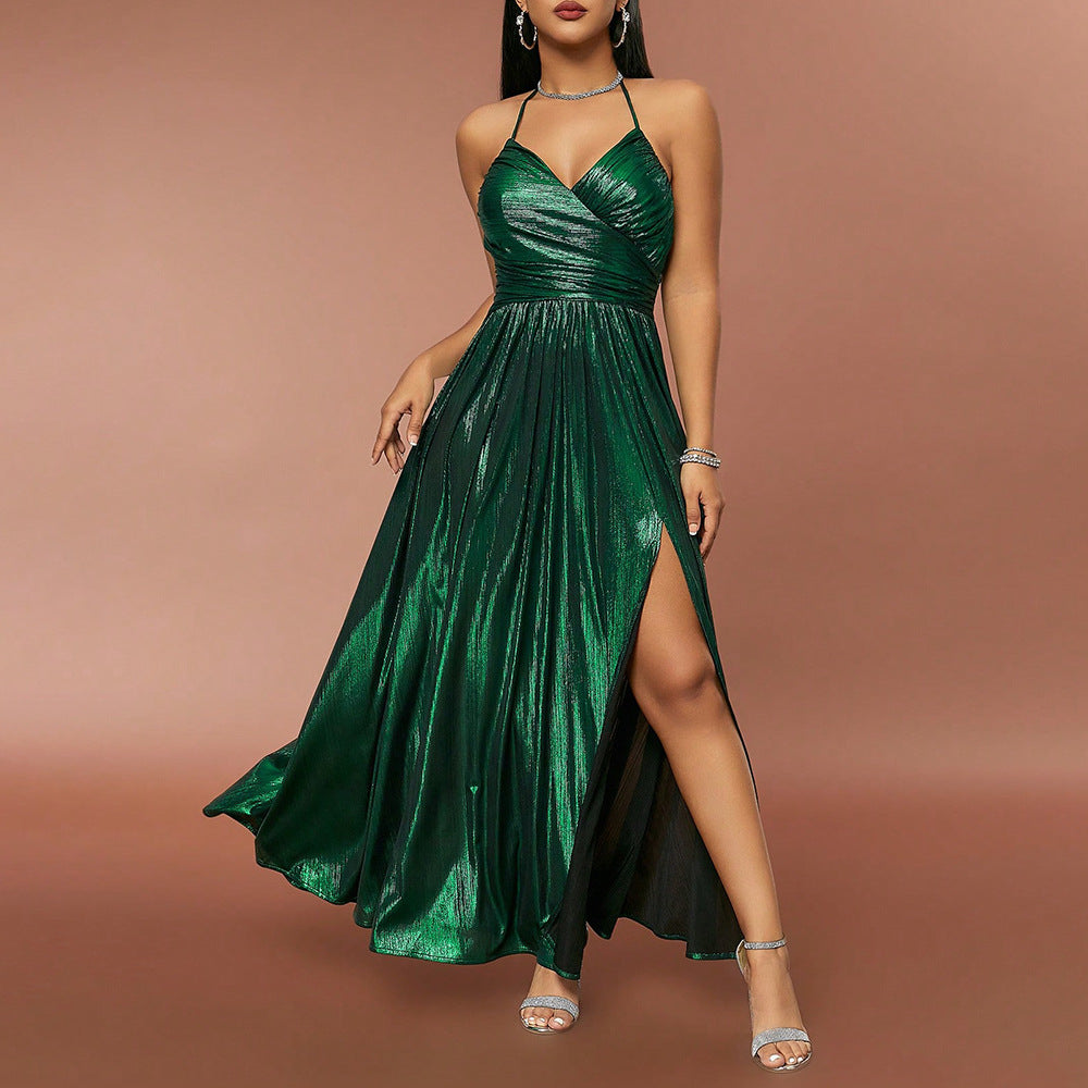 Retro Pleated Split Expansion Dress Strap Dress