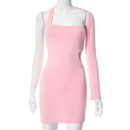 One Shoulder Long Sleeve Hollow Out Cutout Sheath Dress