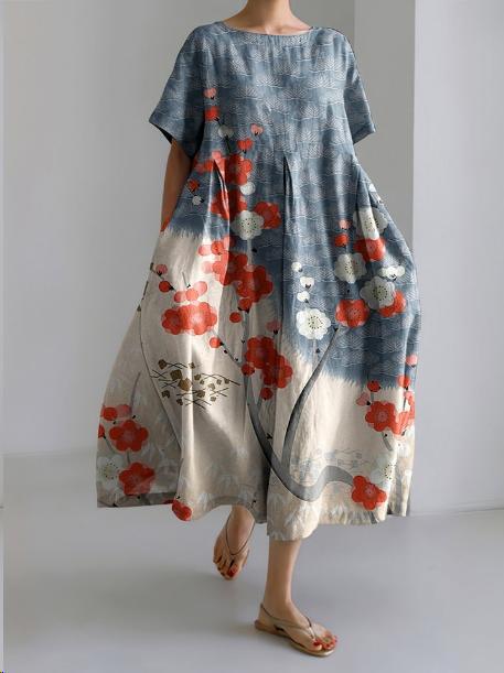 Blossom Print Crew Neck Gathered Waist Pocket Midi Dress