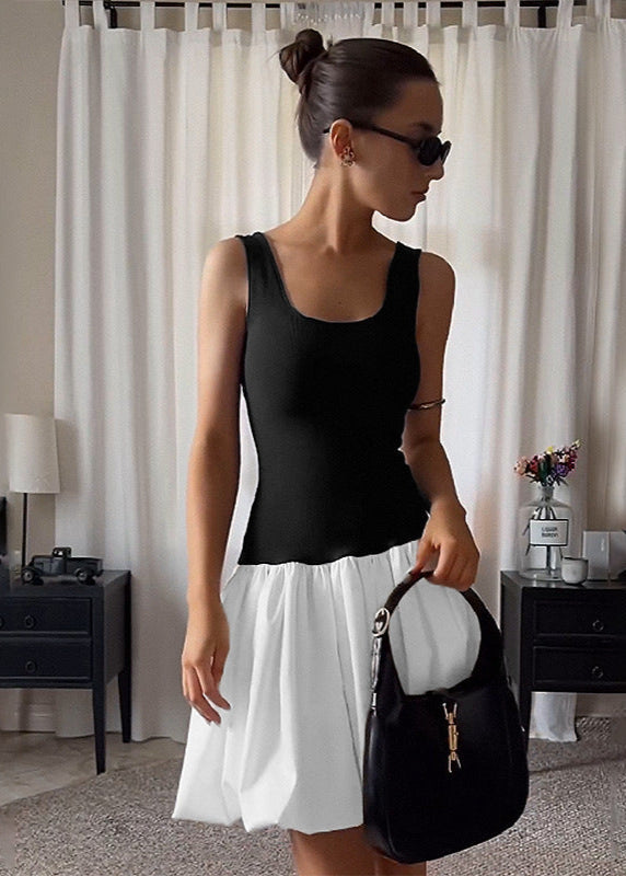 Scoop Neck Colorblock Knit Bodice Gathered Skirt Fit and Flare Mini Dress
