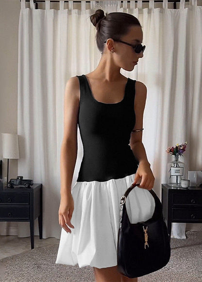 Scoop Neck Colorblock Knit Bodice Gathered Skirt Fit and Flare Mini Dress