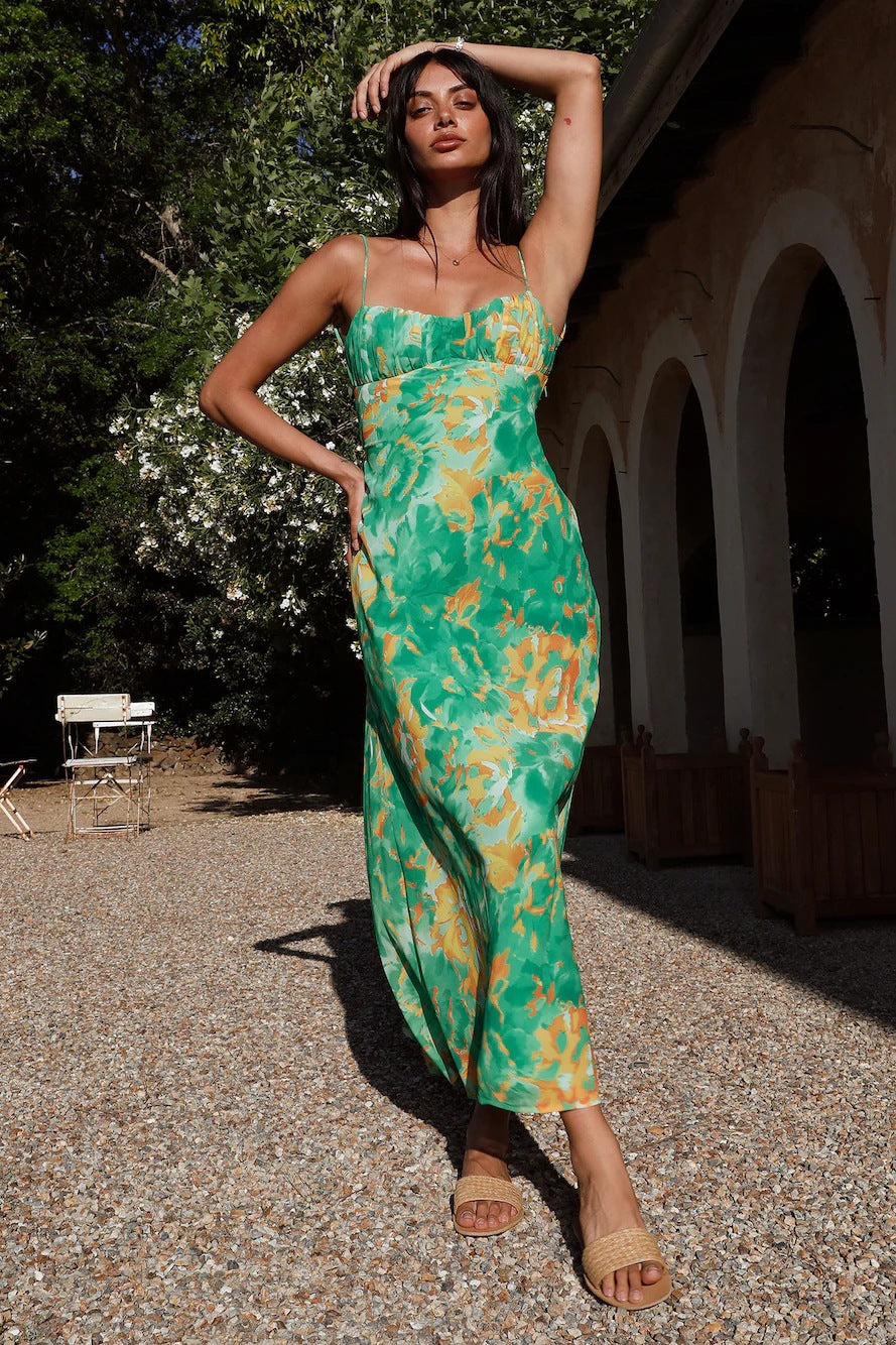 Large Floral Print Ruched Bust Spaghetti Strap Sweetheart Midi Dress