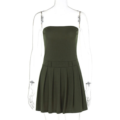 Bandeau One Shoulder Waist Trimming Solid Color Dress No Belt