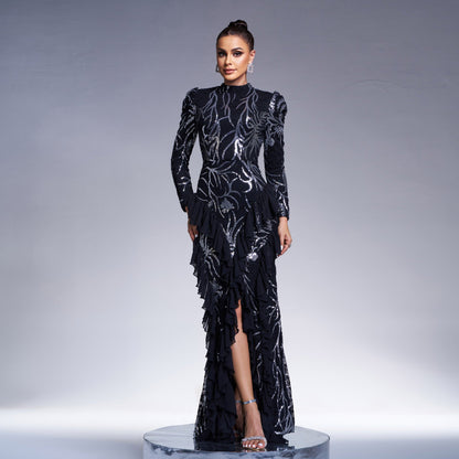 Long Long Sleeve round Neck Cocktail Sequined Fishtail Evening Dress Dress