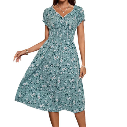 Ditsy Floral Lettuce-Edge V-Neck Puff Sleeve Smocked Waist A-Line Midi Dress