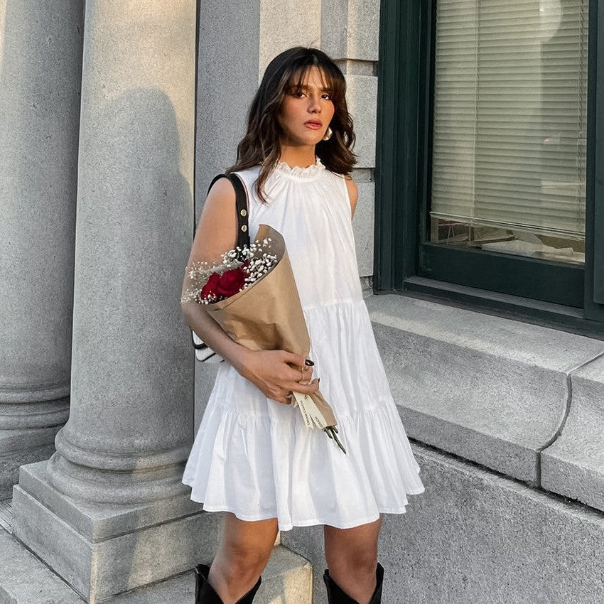 Round Neck Bow Lace Up Tiered Ruffle Sleeveless Mini Dress