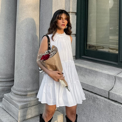 Round Neck Bow Lace Up Tiered Ruffle Sleeveless Mini Dress