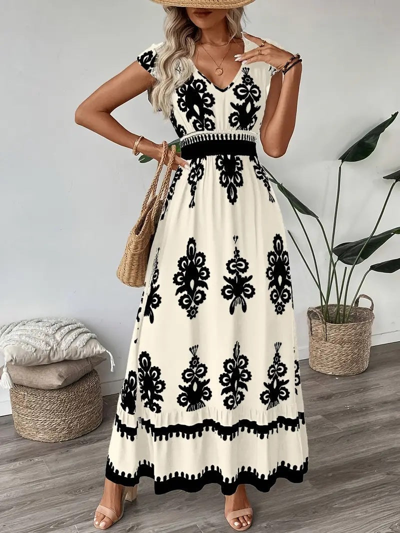 Ornamental Print V-Neck Cap Sleeve Smocked Waist Tiered Hem Boho Maxi Dress