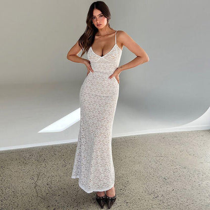 Black deep v lace long bodycon dress