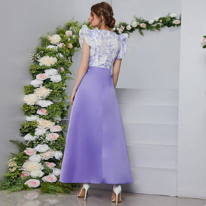High Waist V neck Petal Sleeve Digital Printing Stitching Dress