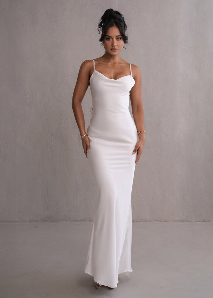 Satin Cowl Neck Spaghetti Strap Trumpet Hem Bodycon Maxi Gown