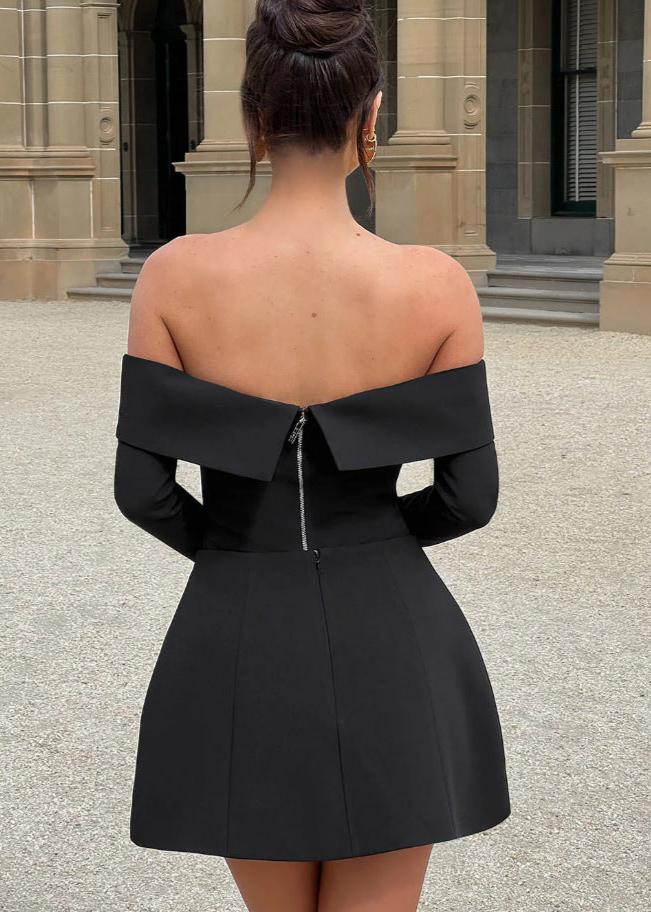 Off Shoulder Foldover Collar Long Sleeve Pocket Flap Structured Fit and Flare Mini Dress