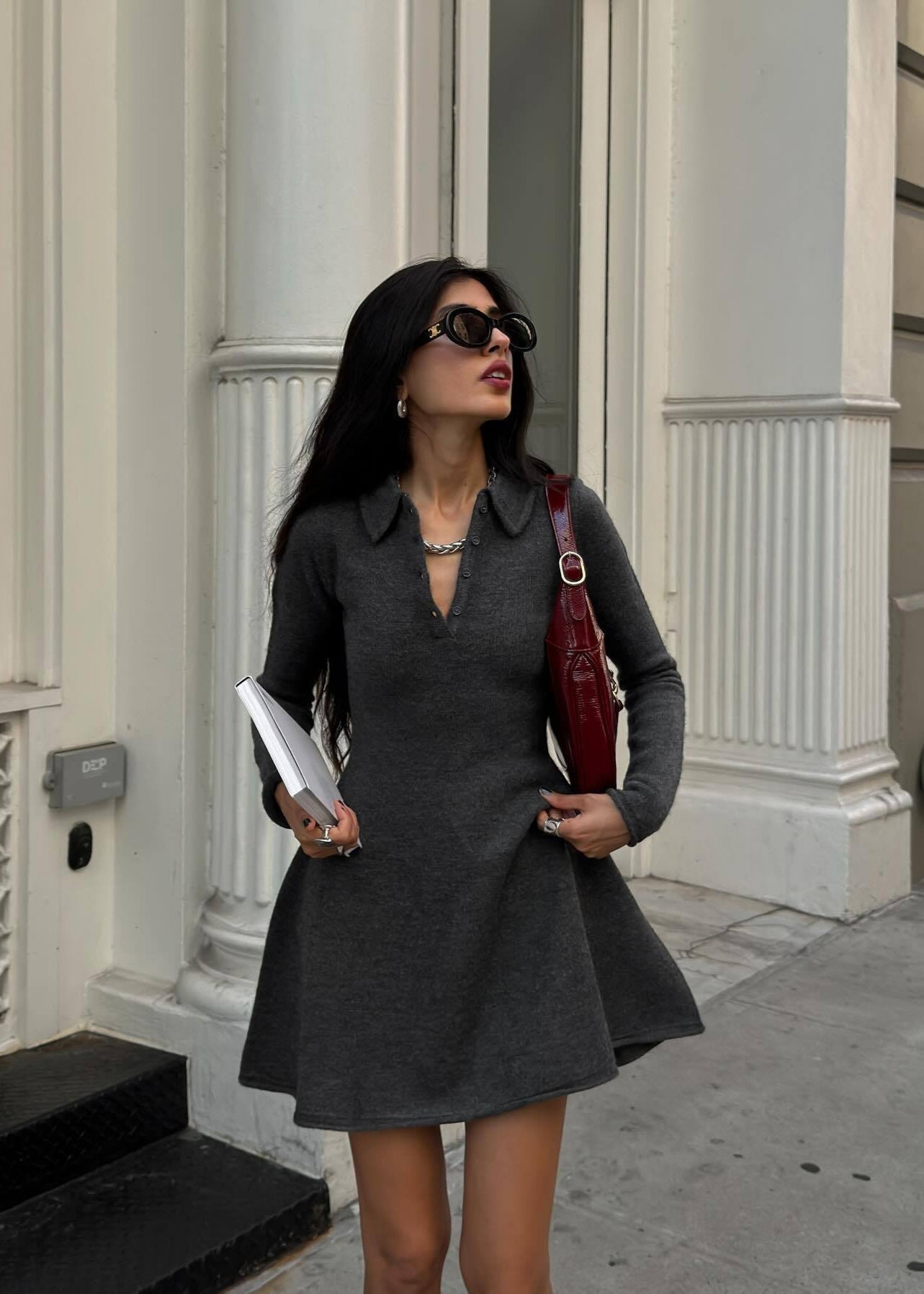 Henley Collar Ribbed Knit Fit and Flare Mini Dress