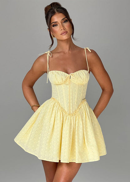Eyelet Lace Corset Bustier Tie Strap Basque Waist Fit and Flare Mini Dress