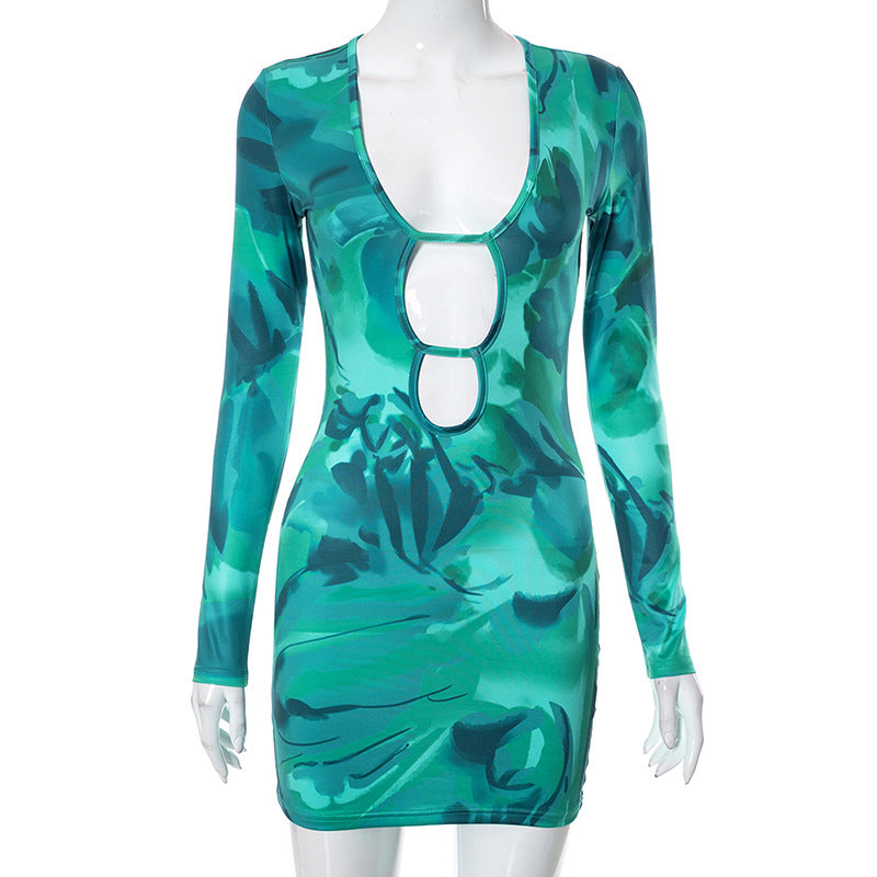 Printed Long Sleeve Short Dress