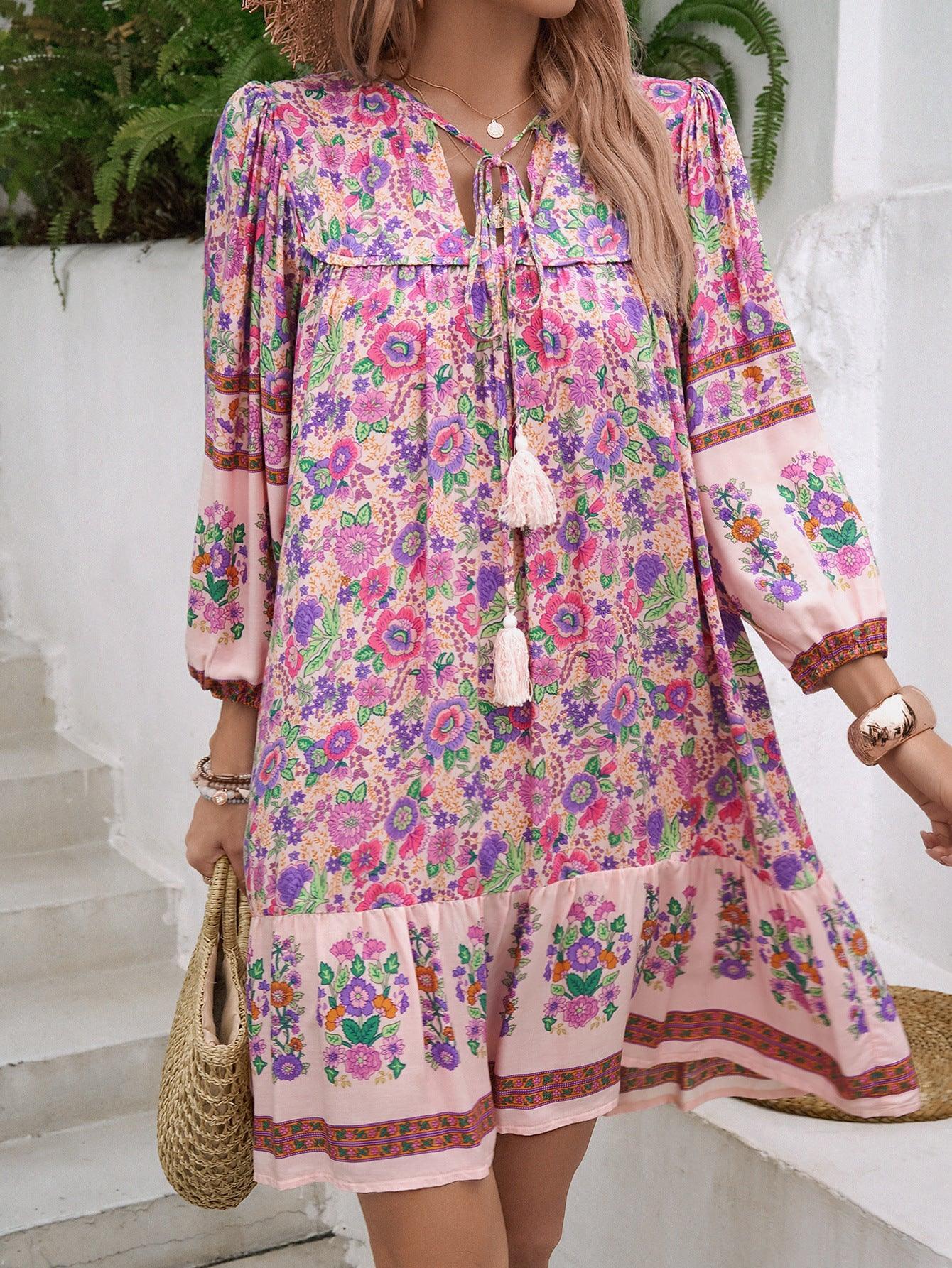 Floral Boho Mini Summer Dress with Tassels