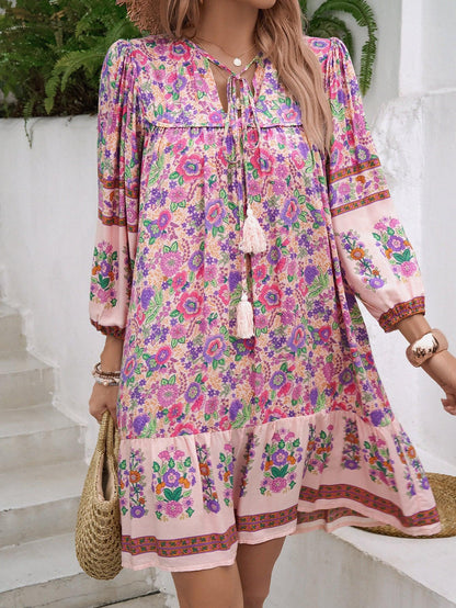 Floral Boho Mini Summer Dress with Tassels