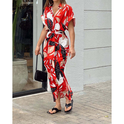 Tropical Leaf Print Button-Down Short Sleeve Tie-Waist Shirtdress Maxi Dress