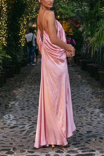 Venus Satin V-neck Draped Pleated Slip Loose Maxi Dress
