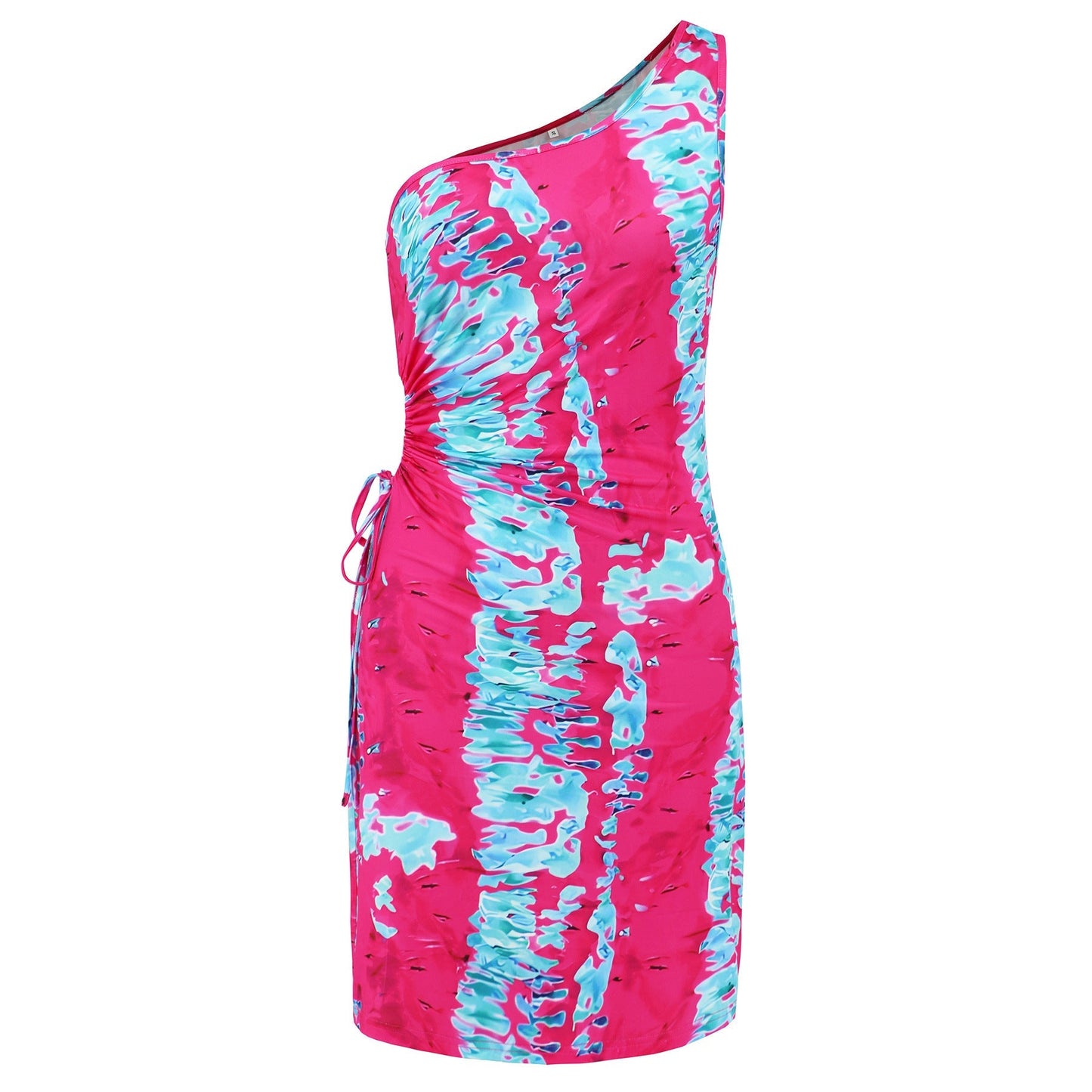 One Shoulder Diagonal Collar Tie Dyed Printed Dress Short