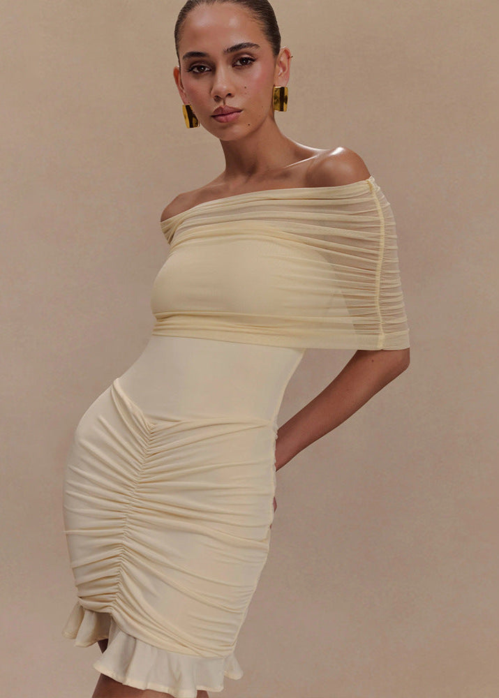 Off Shoulder Ruched Mesh Overlay Center Gather Flounce Hem Bodycon Mini Dress
