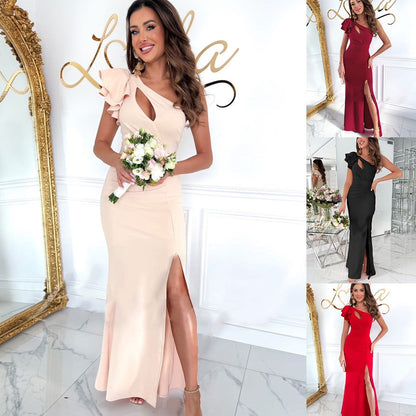 One-Shoulder Ruffle Flounce Cutout Bodice Thigh Slit Bodycon Maxi Gown