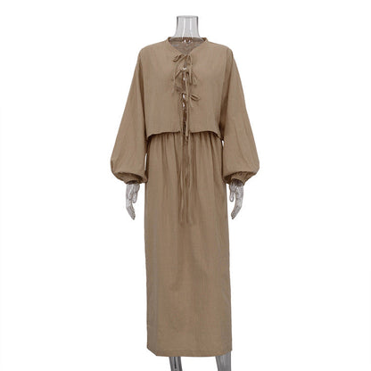 Retro Tea Dress for Puff Sleeve Shirt Set Summer