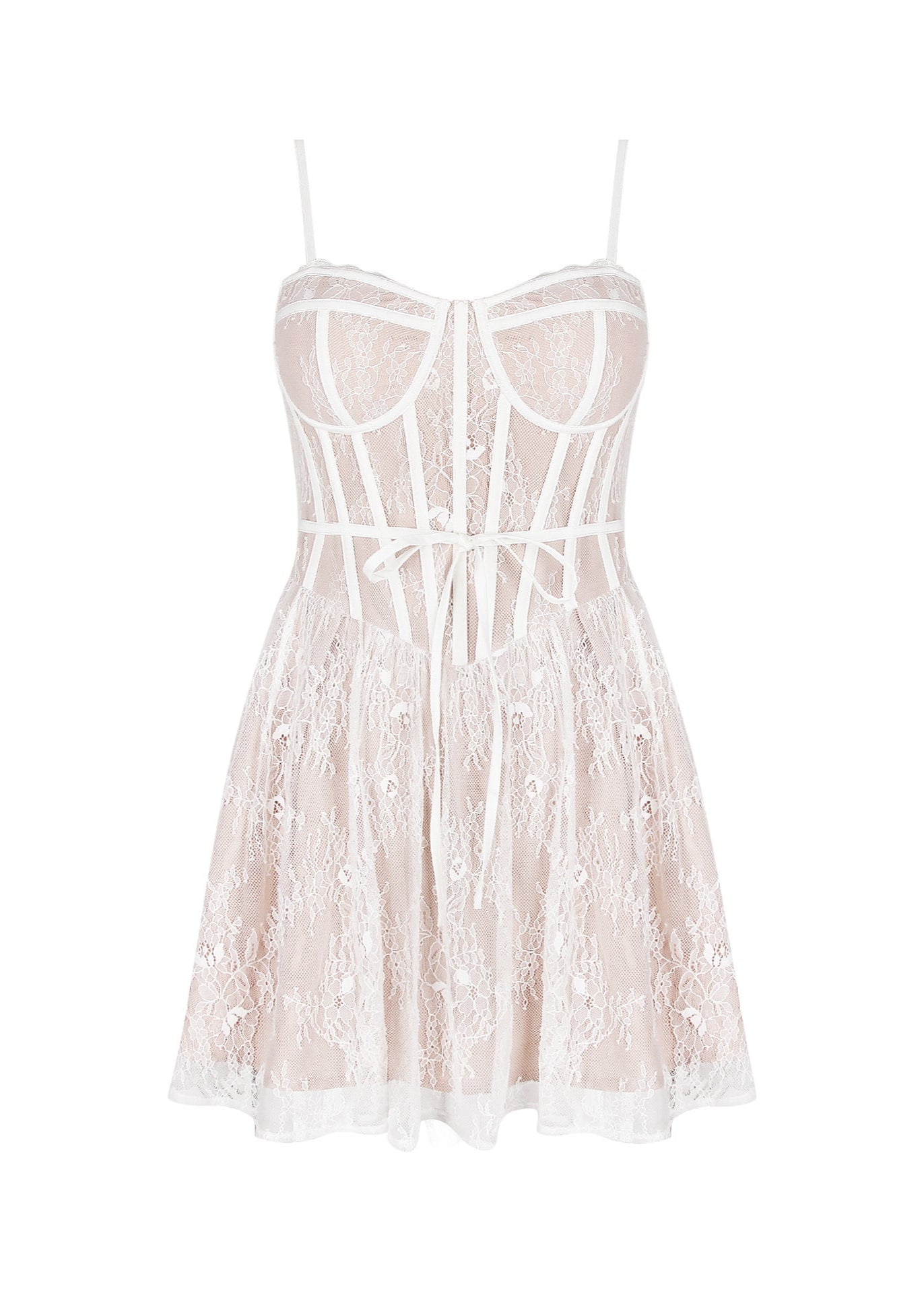 Floral Lace Corset Bustier Spaghetti Strap Bow Waist Flared Skater Mini Dress