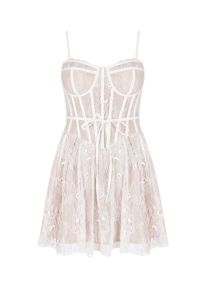 Floral Lace Corset Bustier Spaghetti Strap Bow Waist Flared Skater Mini Dress
