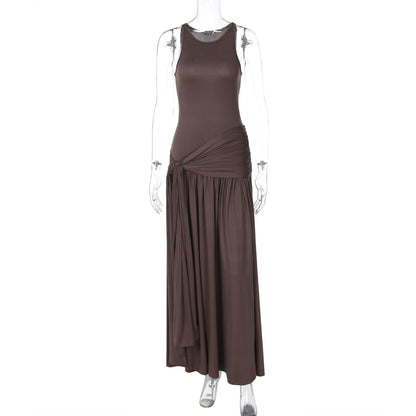 Stitching Ribbon Ruffled Slim Street Midi Solid Color Dress