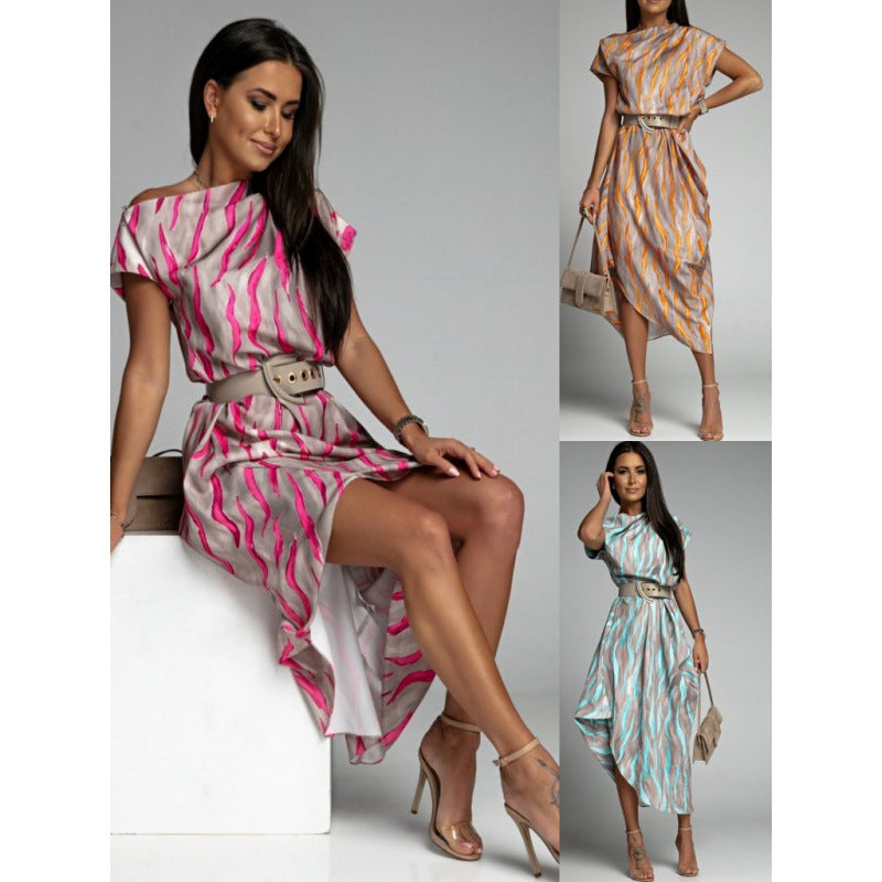 Abstract Wave Print Boat Neck Cap Sleeve Belted Asymmetrical Draped Hem Midi Dress